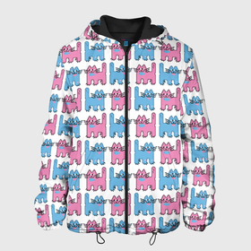 Мужская куртка 3D с принтом Пиксельные коты: розовый и голубой, паттерн в Курске, ткань верха — 100% полиэстер, подклад — флис | прямой крой, подол и капюшон оформлены резинкой с фиксаторами, два кармана без застежек по бокам, один большой потайной карман на груди. Карман на груди застегивается на липучку | бесшовный паттерн | котики | коты | кошки | паттерн | пиксели | пиксель арт | розовый | рыбка | сердце