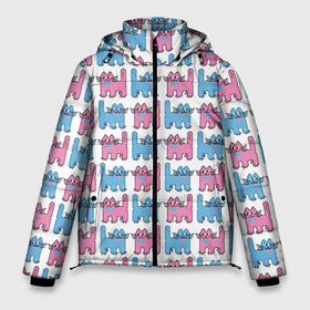 Мужская зимняя куртка 3D с принтом Пиксельные коты: розовый и голубой, паттерн в Кировске, верх — 100% полиэстер; подкладка — 100% полиэстер; утеплитель — 100% полиэстер | длина ниже бедра, свободный силуэт Оверсайз. Есть воротник-стойка, отстегивающийся капюшон и ветрозащитная планка. 

Боковые карманы с листочкой на кнопках и внутренний карман на молнии. | бесшовный паттерн | котики | коты | кошки | паттерн | пиксели | пиксель арт | розовый | рыбка | сердце