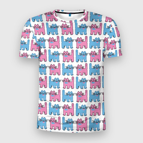 Мужская футболка 3D Slim с принтом Пиксельные коты: розовый и голубой, паттерн , 100% полиэстер с улучшенными характеристиками | приталенный силуэт, круглая горловина, широкие плечи, сужается к линии бедра | бесшовный паттерн | котики | коты | кошки | паттерн | пиксели | пиксель арт | розовый | рыбка | сердце
