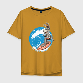 Мужская футболка хлопок Oversize с принтом Ослик на доске (серфинг) в Курске, 100% хлопок | свободный крой, круглый ворот, “спинка” длиннее передней части | Тематика изображения на принте: волны | море | осел | ослик | ослица | серфинг