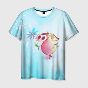 Мужская футболка 3D с принтом милый поросенок  с цветами в Курске, 100% полиэфир | прямой крой, круглый вырез горловины, длина до линии бедер | милая | милый | поросенок | свин | свинка | свинья | цветочки