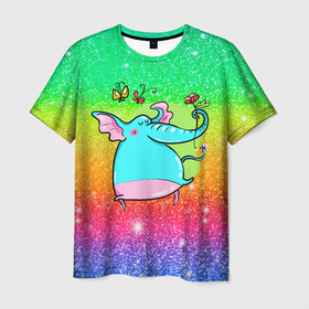 Мужская футболка 3D с принтом Слоненок  с  цветочками , 100% полиэфир | прямой крой, круглый вырез горловины, длина до линии бедер | слон | слоненок | слониха | счастливый | цветочки