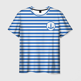 Мужская футболка 3D с принтом Морская тельняшка   бело синие полосы и якорь в Новосибирске, 100% полиэфир | прямой крой, круглый вырез горловины, длина до линии бедер | бело синий | вмф | морская тельняшка | моряк | полосатая майка | полоски | тельняшка | якорь