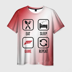Мужская футболка 3D с принтом Eat   Sleep   Forza Horizon   Repeat в Петрозаводске, 100% полиэфир | прямой крой, круглый вырез горловины, длина до линии бедер | eat sleep repeat | forza | forza horizon | horizon | logo | звезды | игра | игры | космос | лого | логотип | символ | форза | хорайзон