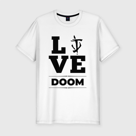 Мужская футболка хлопок Slim с принтом Doom Love Classic в Курске, 92% хлопок, 8% лайкра | приталенный силуэт, круглый вырез ворота, длина до линии бедра, короткий рукав | Тематика изображения на принте: doom | logo | love | дум | игра | игры | лого | логотип | символ