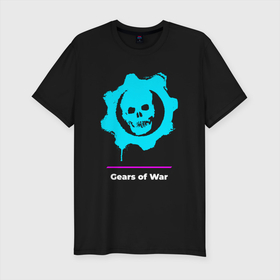 Мужская футболка хлопок Slim с принтом Gears of War в неоновых цветах в Новосибирске, 92% хлопок, 8% лайкра | приталенный силуэт, круглый вырез ворота, длина до линии бедра, короткий рукав | gears | gears of war | logo | neon | war | вар | гирс | игра | игры | лого | логотип | неон | символ