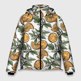 Мужская зимняя куртка 3D с принтом Узор из тропических апельсинов в Санкт-Петербурге, верх — 100% полиэстер; подкладка — 100% полиэстер; утеплитель — 100% полиэстер | длина ниже бедра, свободный силуэт Оверсайз. Есть воротник-стойка, отстегивающийся капюшон и ветрозащитная планка. 

Боковые карманы с листочкой на кнопках и внутренний карман на молнии. | Тематика изображения на принте: drawn | fruit | frukt | frukti | frukty | hand | handdrawn | orange | pattern | summer | tropical | апельсины | вручную | лето | паттерн | рисунок от руки | фруктовый узор