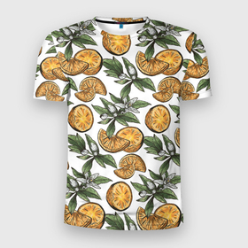 Мужская футболка 3D Slim с принтом Узор из тропических апельсинов в Новосибирске, 100% полиэстер с улучшенными характеристиками | приталенный силуэт, круглая горловина, широкие плечи, сужается к линии бедра | Тематика изображения на принте: drawn | fruit | frukt | frukti | frukty | hand | handdrawn | orange | pattern | summer | tropical | апельсины | вручную | лето | паттерн | рисунок от руки | фруктовый узор