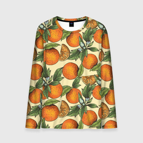 Мужской лонгслив 3D с принтом Узор Апельсиновое настроение в Санкт-Петербурге, 100% полиэстер | длинные рукава, круглый вырез горловины, полуприлегающий силуэт | drawn | fruit | frukt | frukti | frukty | hand | handdrawn | orange | pattern | summer | tropical | апельсиновый сок | апельсины | вручную | лето | паттерн | рисунок от руки | фруктовый узор | целые апельсины
