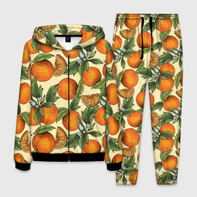 Мужской костюм 3D с принтом Узор Апельсиновое настроение в Тюмени, 100% полиэстер | Манжеты и пояс оформлены тканевой резинкой, двухслойный капюшон со шнурком для регулировки, карманы спереди | drawn | fruit | frukt | frukti | frukty | hand | handdrawn | orange | pattern | summer | tropical | апельсиновый сок | апельсины | вручную | лето | паттерн | рисунок от руки | фруктовый узор | целые апельсины