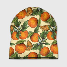 Шапка 3D с принтом Узор Апельсиновое настроение в Санкт-Петербурге, 100% полиэстер | универсальный размер, печать по всей поверхности изделия | drawn | fruit | frukt | frukti | frukty | hand | handdrawn | orange | pattern | summer | tropical | апельсиновый сок | апельсины | вручную | лето | паттерн | рисунок от руки | фруктовый узор | целые апельсины