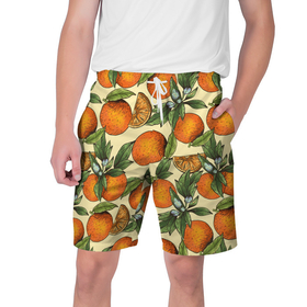 Мужские шорты 3D с принтом Узор Апельсиновое настроение в Екатеринбурге,  полиэстер 100% | прямой крой, два кармана без застежек по бокам. Мягкая трикотажная резинка на поясе, внутри которой широкие завязки. Длина чуть выше колен | drawn | fruit | frukt | frukti | frukty | hand | handdrawn | orange | pattern | summer | tropical | апельсиновый сок | апельсины | вручную | лето | паттерн | рисунок от руки | фруктовый узор | целые апельсины