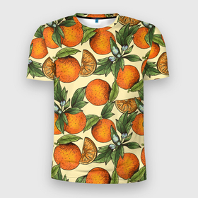 Мужская футболка 3D Slim с принтом Узор Апельсиновое настроение в Новосибирске, 100% полиэстер с улучшенными характеристиками | приталенный силуэт, круглая горловина, широкие плечи, сужается к линии бедра | drawn | fruit | frukt | frukti | frukty | hand | handdrawn | orange | pattern | summer | tropical | апельсиновый сок | апельсины | вручную | лето | паттерн | рисунок от руки | фруктовый узор | целые апельсины