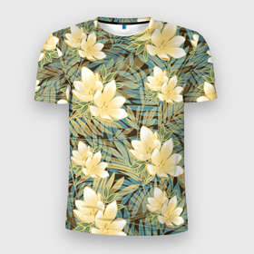 Мужская футболка 3D Slim с принтом Золотые цветы. Паттерн в Белгороде, 100% полиэстер с улучшенными характеристиками | приталенный силуэт, круглая горловина, широкие плечи, сужается к линии бедра | flowers | gold | золотые цветы | листья | паттерн | цветочный узор | цветы