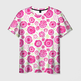 Мужская футболка 3D с принтом Яркие розовые цветы в дудл стиле, абстракция в Тюмени, 100% полиэфир | прямой крой, круглый вырез горловины, длина до линии бедер | акварель | акварельные пятна | весна | дудл | зеленый | каракули | летний паттерн | лето | луг | паттерн | розовый | узор | цветы