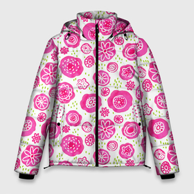 Мужская зимняя куртка 3D с принтом Яркие розовые цветы в дудл стиле, абстракция в Новосибирске, верх — 100% полиэстер; подкладка — 100% полиэстер; утеплитель — 100% полиэстер | длина ниже бедра, свободный силуэт Оверсайз. Есть воротник-стойка, отстегивающийся капюшон и ветрозащитная планка. 

Боковые карманы с листочкой на кнопках и внутренний карман на молнии. | Тематика изображения на принте: акварель | акварельные пятна | весна | дудл | зеленый | каракули | летний паттерн | лето | луг | паттерн | розовый | узор | цветы