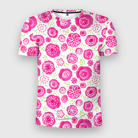 Мужская футболка 3D Slim с принтом Яркие розовые цветы в дудл стиле, абстракция в Новосибирске, 100% полиэстер с улучшенными характеристиками | приталенный силуэт, круглая горловина, широкие плечи, сужается к линии бедра | Тематика изображения на принте: акварель | акварельные пятна | весна | дудл | зеленый | каракули | летний паттерн | лето | луг | паттерн | розовый | узор | цветы