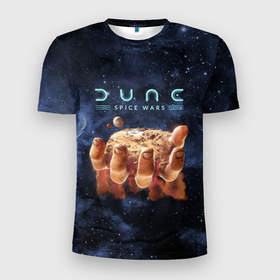 Мужская футболка 3D Slim с принтом Dune: Spice Wars (рука и песок) в Екатеринбурге, 100% полиэстер с улучшенными характеристиками | приталенный силуэт, круглая горловина, широкие плечи, сужается к линии бедра | dune | game | spice | spice wars | wars | дюна | игра | стратегия