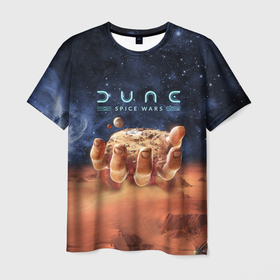 Мужская футболка 3D с принтом Dune: Spice Wars песчаные дюны и рука с базой , 100% полиэфир | прямой крой, круглый вырез горловины, длина до линии бедер | Тематика изображения на принте: dune | game | spice | spice wars | wars | дюна | игра | песок | рука | стратегия