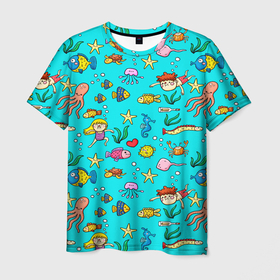 Мужская футболка 3D с принтом КУПАНИЕ ДЕТЕЙ С МОРСКИМИ ОБИТАТЕЛЯМИ , 100% полиэфир | прямой крой, круглый вырез горловины, длина до линии бедер | весело | вода | девочка | животное | забавный | краб | лето | мальчик | милый | море | морская звезда | морской конек | океан | плавание | пляж | ребенок | рыбы | скат | солнечные ванны | солнце | черепаха