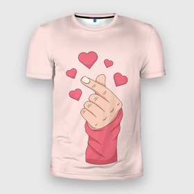 Мужская футболка 3D Slim с принтом Жест Хани сердце из EXID в Новосибирске, 100% полиэстер с улучшенными характеристиками | приталенный силуэт, круглая горловина, широкие плечи, сужается к линии бедра | bts | k pop | бой бэнд | бтс | музыка | рука | сердце | символ бтс