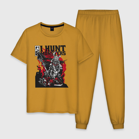 Мужская пижама хлопок с принтом Monster hunter warrior comic в Белгороде, 100% хлопок | брюки и футболка прямого кроя, без карманов, на брюках мягкая резинка на поясе и по низу штанин
 | monster hunter | воин | комикс | монстры | существа
