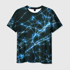 Мужская футболка 3D с принтом нейронная сеть   фон в Екатеринбурге, 100% полиэфир | прямой крой, круглый вырез горловины, длина до линии бедер | геометрический | красивый | неон | полосы | пространство | свечение | синий | современный | текстурный | темнота | узор | фон | футуристический | черный | яркий