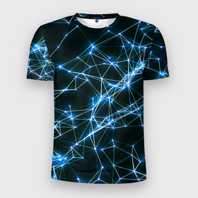 Мужская футболка 3D Slim с принтом нейронная сеть   фон в Тюмени, 100% полиэстер с улучшенными характеристиками | приталенный силуэт, круглая горловина, широкие плечи, сужается к линии бедра | геометрический | красивый | неон | полосы | пространство | свечение | синий | современный | текстурный | темнота | узор | фон | футуристический | черный | яркий