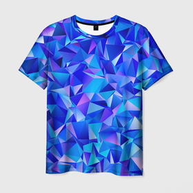 Мужская футболка 3D с принтом СИНЕ ГОЛУБЫЕ полигональные кристаллы в Тюмени, 100% полиэфир | прямой крой, круглый вырез горловины, длина до линии бедер | бирюзовый | волшебный | драгоценные камни | оптическая иллюзия | синий | текстура | узор
