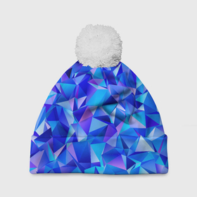 Шапка 3D c помпоном с принтом СИНЕ ГОЛУБЫЕ полигональные кристаллы в Новосибирске, 100% полиэстер | универсальный размер, печать по всей поверхности изделия | бирюзовый | волшебный | драгоценные камни | оптическая иллюзия | синий | текстура | узор