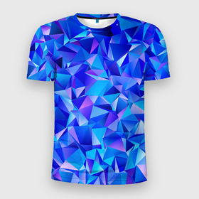 Мужская футболка 3D Slim с принтом СИНЕ ГОЛУБЫЕ полигональные кристаллы в Новосибирске, 100% полиэстер с улучшенными характеристиками | приталенный силуэт, круглая горловина, широкие плечи, сужается к линии бедра | бирюзовый | волшебный | драгоценные камни | оптическая иллюзия | синий | текстура | узор