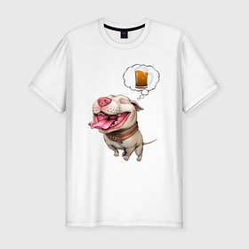 Мужская футболка хлопок Slim с принтом Пивбуль в Тюмени, 92% хлопок, 8% лайкра | приталенный силуэт, круглый вырез ворота, длина до линии бедра, короткий рукав | beer | meme | memes | pitbull | квас | любитель кваса | мем | мем с собакой | мемы | напиток | новы | пенный напиток | питбуль | собака | собака мечтае