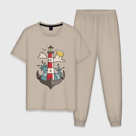 Мужская пижама хлопок с принтом Маяк Якорь | Lighthouse Anchor в Новосибирске, 100% хлопок | брюки и футболка прямого кроя, без карманов, на брюках мягкая резинка на поясе и по низу штанин
 | Тематика изображения на принте: ocean | sea | storm | в виде якоря | волны | маяки | море | морские мотивы | морской рисунок | навигация | океан | солнце | тучи | шторм | якори