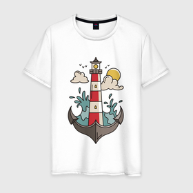 Мужская футболка хлопок с принтом Маяк Якорь | Lighthouse Anchor в Екатеринбурге, 100% хлопок | прямой крой, круглый вырез горловины, длина до линии бедер, слегка спущенное плечо. | Тематика изображения на принте: ocean | sea | storm | в виде якоря | волны | маяки | море | морские мотивы | морской рисунок | навигация | океан | солнце | тучи | шторм | якори