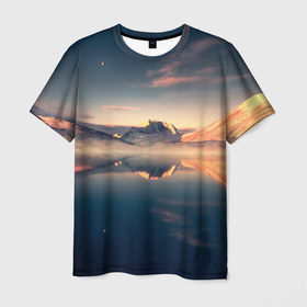 Мужская футболка 3D с принтом Горы + озеро в Курске, 100% полиэфир | прямой крой, круглый вырез горловины, длина до линии бедер | lake | mountains | горы | озеро | природа | скалы