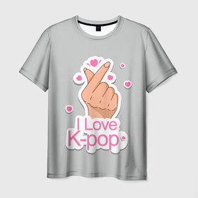 Мужская футболка 3D с принтом Я люблю K pop   жест Хани в Санкт-Петербурге, 100% полиэфир | прямой крой, круглый вырез горловины, длина до линии бедер | bts | k pop | бтс | музыка | рука с сердцем | символ | символ бтс