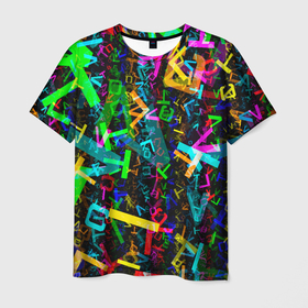 Мужская футболка 3D с принтом Падающие буквы   ТЕКСТУРА в Санкт-Петербурге, 100% полиэфир | прямой крой, круглый вырез горловины, длина до линии бедер | абстракция | алфавит | знак | иероглиф | текст | узор | фон | цвет