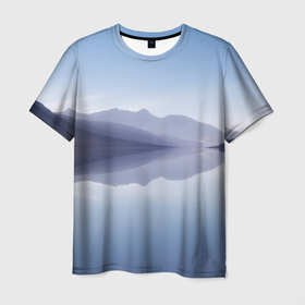 Мужская футболка 3D с принтом Горы   Озеро   Туман в Санкт-Петербурге, 100% полиэфир | прямой крой, круглый вырез горловины, длина до линии бедер | haze | lake | mountains | горы | озеро | скалы | туман