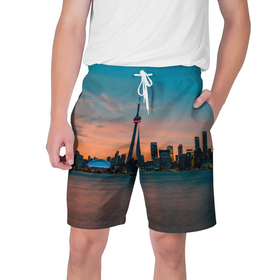 Мужские шорты 3D с принтом Закат в Торонто ,  полиэстер 100% | прямой крой, два кармана без застежек по бокам. Мягкая трикотажная резинка на поясе, внутри которой широкие завязки. Длина чуть выше колен | canada | eclips | toronto | вечер | город | закат | канада | мегаполис | торонто