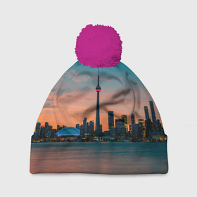 Шапка 3D c помпоном с принтом Закат в Торонто в Кировске, 100% полиэстер | универсальный размер, печать по всей поверхности изделия | canada | eclips | toronto | вечер | город | закат | канада | мегаполис | торонто