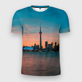 Мужская футболка 3D Slim с принтом Закат в Торонто в Белгороде, 100% полиэстер с улучшенными характеристиками | приталенный силуэт, круглая горловина, широкие плечи, сужается к линии бедра | Тематика изображения на принте: canada | eclips | toronto | вечер | город | закат | канада | мегаполис | торонто