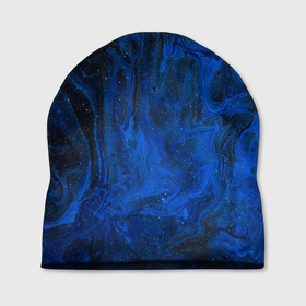 Шапка 3D с принтом Синий абстрактный дым в Екатеринбурге, 100% полиэстер | универсальный размер, печать по всей поверхности изделия | Тематика изображения на принте: абстракция | блестки | дым | звезды | пыль | синий