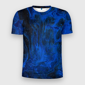 Мужская футболка 3D Slim с принтом Синий абстрактный дым в Петрозаводске, 100% полиэстер с улучшенными характеристиками | приталенный силуэт, круглая горловина, широкие плечи, сужается к линии бедра | абстракция | блестки | дым | звезды | пыль | синий