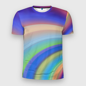 Мужская футболка 3D Slim с принтом Все цвета радуги в Тюмени, 100% полиэстер с улучшенными характеристиками | приталенный силуэт, круглая горловина, широкие плечи, сужается к линии бедра | желтый | зеленый | красный | радуга | салатовый | синий | фиолетовый | цвета