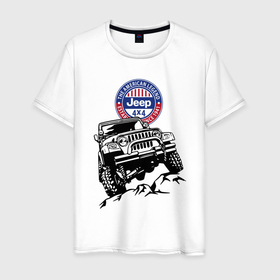 Мужская футболка хлопок с принтом Jeep   The American Legend   Джип   Американская легенда в Тюмени, 100% хлопок | прямой крой, круглый вырез горловины, длина до линии бедер, слегка спущенное плечо. | car | chrysler | jeep | legend | off road vehicle | usa | автомобиль | внедорожник | джип | крайслер | легенда