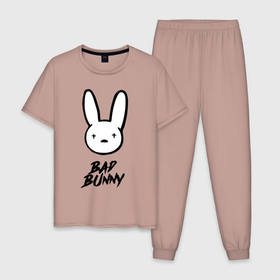 Мужская пижама хлопок с принтом Bad Bunny логотип в Белгороде, 100% хлопок | брюки и футболка прямого кроя, без карманов, на брюках мягкая резинка на поясе и по низу штанин
 | bad bunny | hip hop | latin trap | logo | music | rap | rnb | singer | star | звезда | латинский трэп | логотип | музыка | певец | рнб | рэп | хип хоп