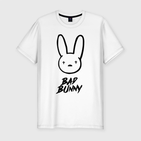Мужская футболка хлопок Slim с принтом Bad Bunny логотип в Белгороде, 92% хлопок, 8% лайкра | приталенный силуэт, круглый вырез ворота, длина до линии бедра, короткий рукав | Тематика изображения на принте: bad bunny | hip hop | latin trap | logo | music | rap | rnb | singer | star | звезда | латинский трэп | логотип | музыка | певец | рнб | рэп | хип хоп