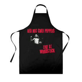 Фартук 3D с принтом Live at Woodstock   Red Hot Chili Peppers в Тюмени, 100% полиэстер | общий размер — 65 х 85 см, ширина нагрудника — 26 см, горловина — 53 см, длина завязок — 54 см, общий обхват в поясе — 173 см. Принт на завязках и на горловине наносится с двух сторон, на основной части фартука — только с внешней стороны | red hot chili peppers | rhcp | альтернативный | джош клингхоффер | красные острые перцы чили | метал | ред хот чили пеперс | рок группа | рхчп | рэп | фанк | фли | чад смит | энтони кидис