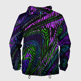 Мужская ветровка 3D с принтом Абстрактный современный тигровый узор в Новосибирске, 100% полиэстер | подол и капюшон оформлены резинкой с фиксаторами, два кармана без застежек по бокам, один потайной карман на груди | Тематика изображения на принте: abstraction | pattern | зеленый | молодежный | пурпурный | тигровый