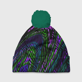 Шапка 3D c помпоном с принтом Абстрактный современный тигровый узор в Екатеринбурге, 100% полиэстер | универсальный размер, печать по всей поверхности изделия | abstraction | pattern | зеленый | молодежный | пурпурный | тигровый
